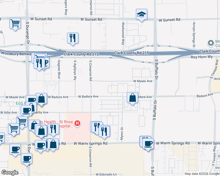 map of restaurants, bars, coffee shops, grocery stores, and more near 8000 West Badura Avenue in Las Vegas