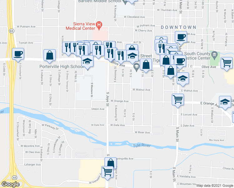 map of restaurants, bars, coffee shops, grocery stores, and more near 236 South Kessing Street in Porterville