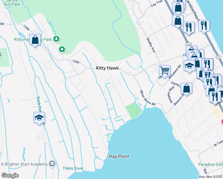 map of restaurants, bars, coffee shops, grocery stores, and more near 3856 Elijah Baum Drive in Kitty Hawk