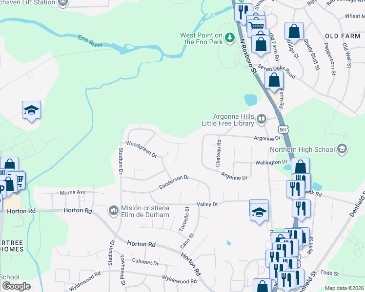 map of restaurants, bars, coffee shops, grocery stores, and more near 107 Parsons Green Court in Durham