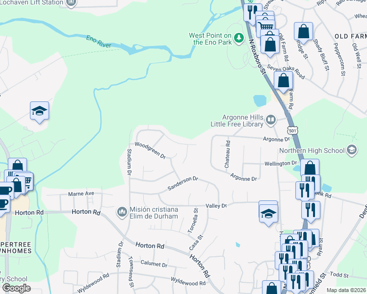 map of restaurants, bars, coffee shops, grocery stores, and more near 107 Parsons Green Court in Durham