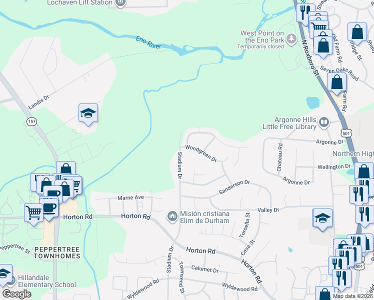 map of restaurants, bars, coffee shops, grocery stores, and more near 2814 Stadium Drive in Durham