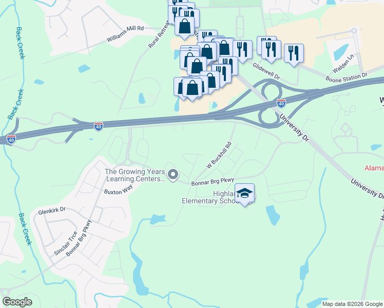 map of restaurants, bars, coffee shops, grocery stores, and more near 1100 Kelso Ln in Burlington
