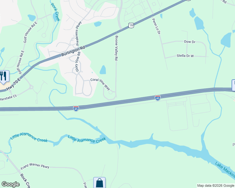 map of restaurants, bars, coffee shops, grocery stores, and more near 1169 Brooksridge Way in Whitsett