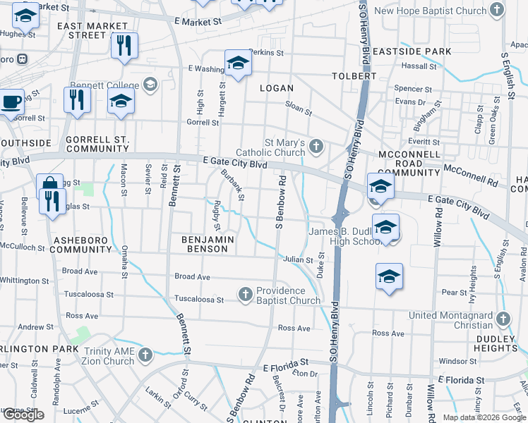 map of restaurants, bars, coffee shops, grocery stores, and more near 1102 Logan Street in Greensboro