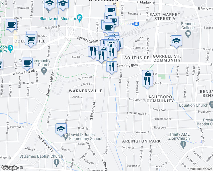 map of restaurants, bars, coffee shops, grocery stores, and more near 853 South Elm Street in Greensboro