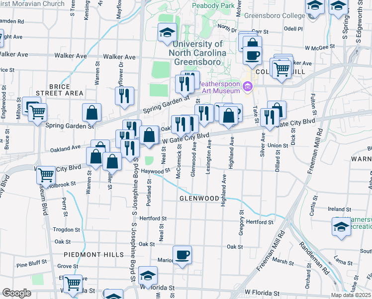 map of restaurants, bars, coffee shops, grocery stores, and more near 831 Glenwood Avenue in Greensboro