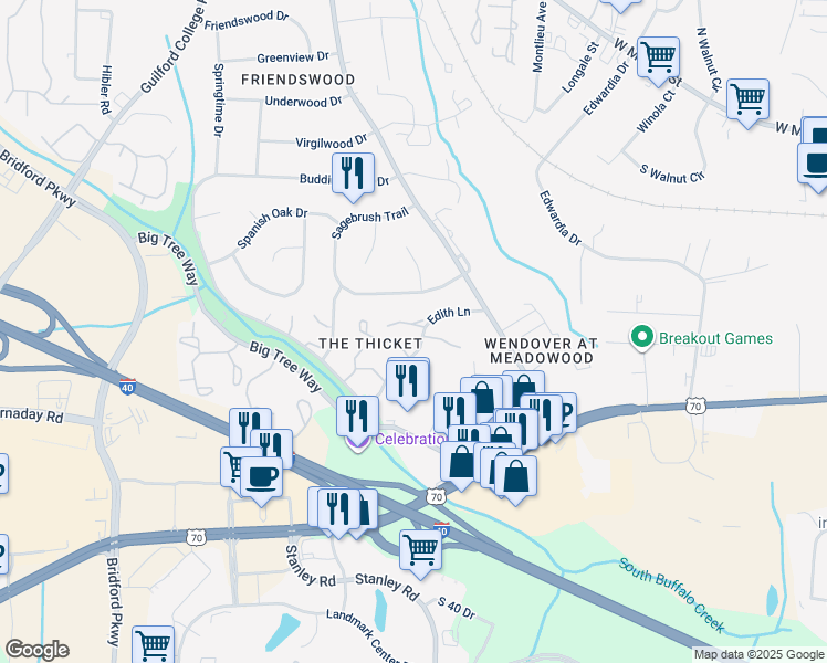 map of restaurants, bars, coffee shops, grocery stores, and more near 4230 Edith Lane in Greensboro