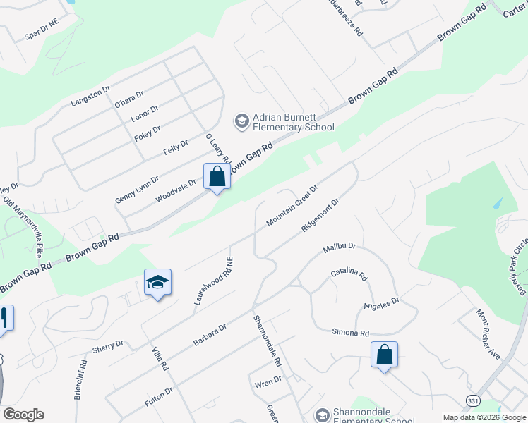 map of restaurants, bars, coffee shops, grocery stores, and more near 5016 Mountain Crest Drive in Knoxville