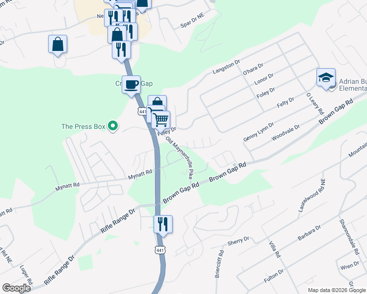 map of restaurants, bars, coffee shops, grocery stores, and more near 6504 Old Maynardville Pike in Knoxville