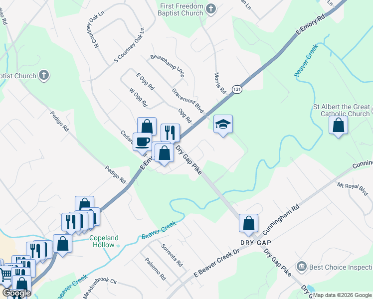 map of restaurants, bars, coffee shops, grocery stores, and more near 1504 Emerald Pointe Lane in Knoxville