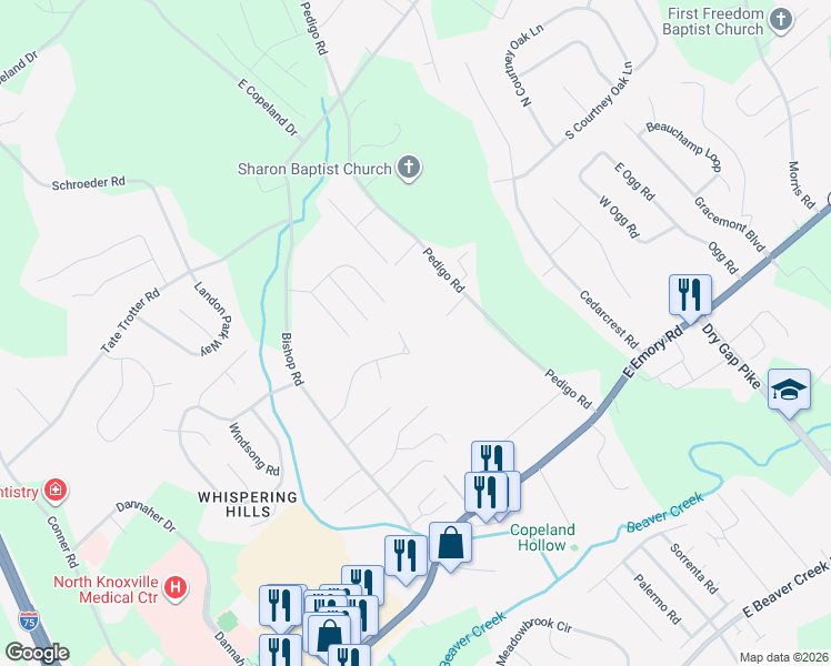 map of restaurants, bars, coffee shops, grocery stores, and more near 938 North Meadow Boulevard in Knoxville