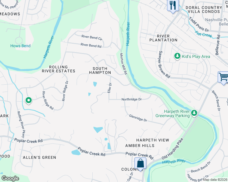 map of restaurants, bars, coffee shops, grocery stores, and more near 7005 Northridge Drive in Nashville