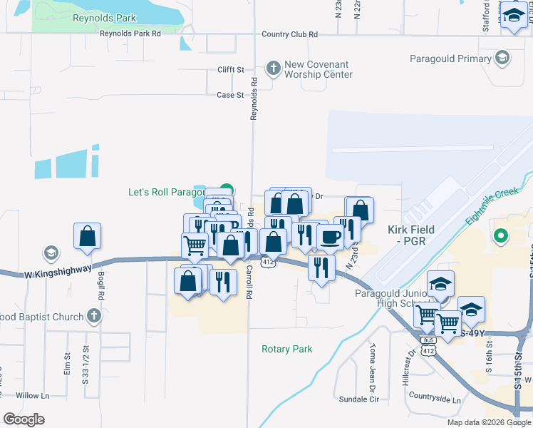 map of restaurants, bars, coffee shops, grocery stores, and more near 302 Reynolds Road in Paragould