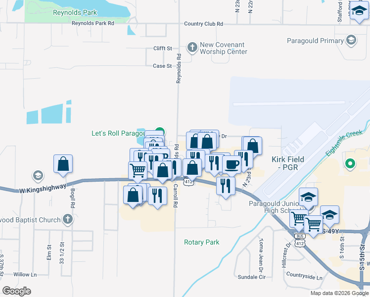map of restaurants, bars, coffee shops, grocery stores, and more near 302 Reynolds Road in Paragould