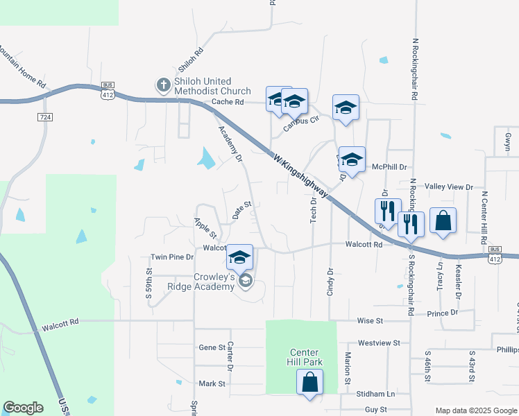 map of restaurants, bars, coffee shops, grocery stores, and more near 404 Academy Drive in Paragould