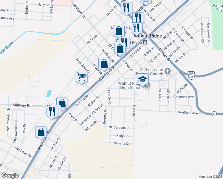 map of restaurants, bars, coffee shops, grocery stores, and more near 719-799 Florida Street in Walnut Ridge