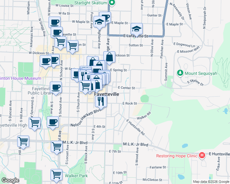 map of restaurants, bars, coffee shops, grocery stores, and more near 174 South Washington Avenue in Fayetteville