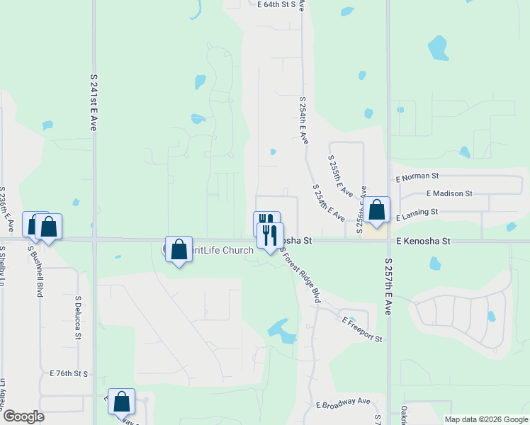map of restaurants, bars, coffee shops, grocery stores, and more near 7030 South 250th East Avenue in Broken Arrow
