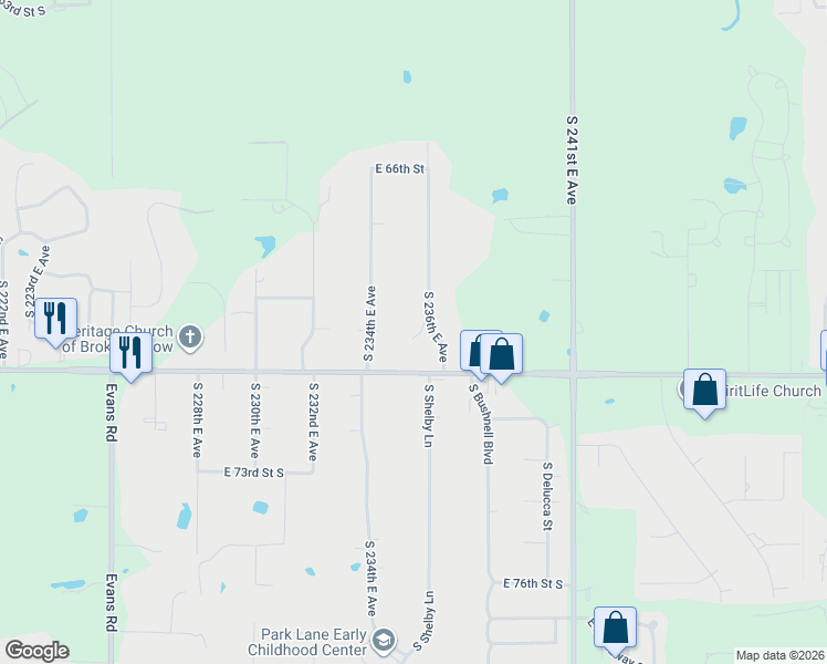 map of restaurants, bars, coffee shops, grocery stores, and more near 7014 South 235th East Avenue in Broken Arrow