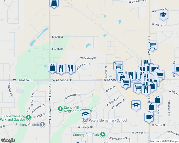 map of restaurants, bars, coffee shops, grocery stores, and more near 2901 West Lansing Street in Broken Arrow
