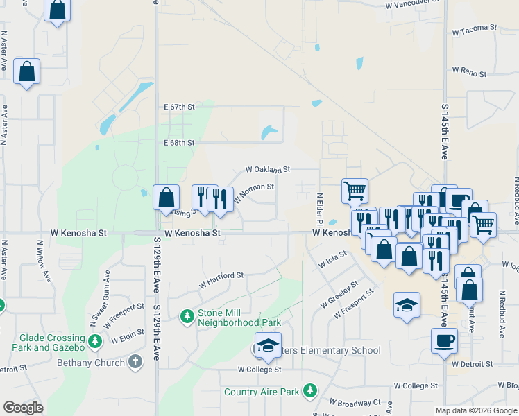map of restaurants, bars, coffee shops, grocery stores, and more near 3012 West Lansing Street in Broken Arrow