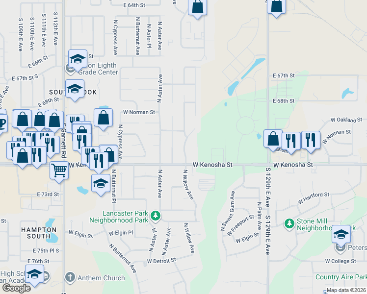 map of restaurants, bars, coffee shops, grocery stores, and more near 1009 North Yellowood Avenue in Broken Arrow