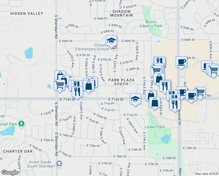map of restaurants, bars, coffee shops, grocery stores, and more near 6926 South 73rd East Avenue in Tulsa