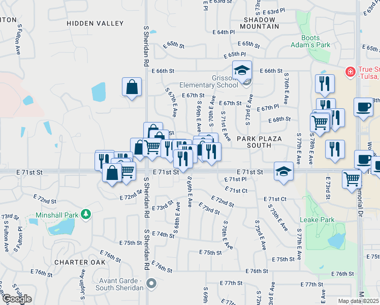 map of restaurants, bars, coffee shops, grocery stores, and more near 6964 South 69th East Avenue in Tulsa