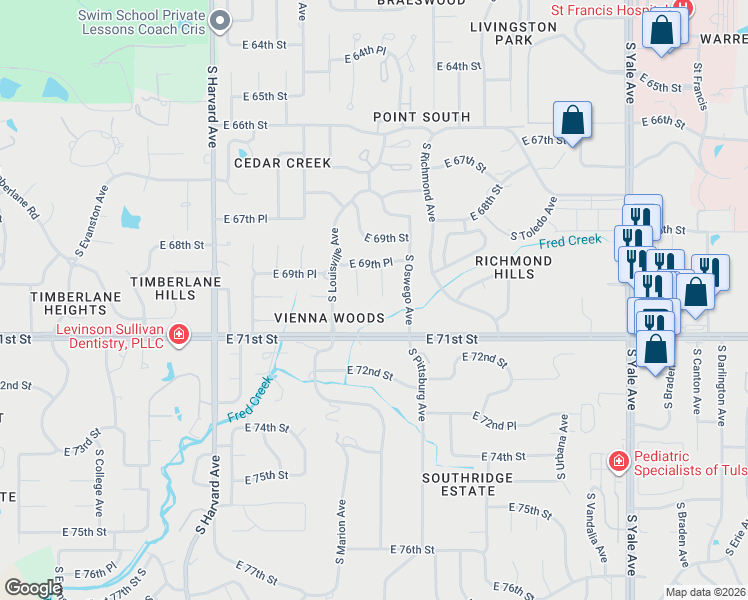 map of restaurants, bars, coffee shops, grocery stores, and more near 6935 South New Haven Avenue in Tulsa