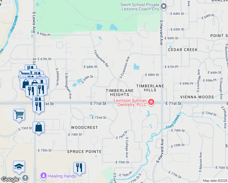 map of restaurants, bars, coffee shops, grocery stores, and more near 2911 East 70th Court in Tulsa