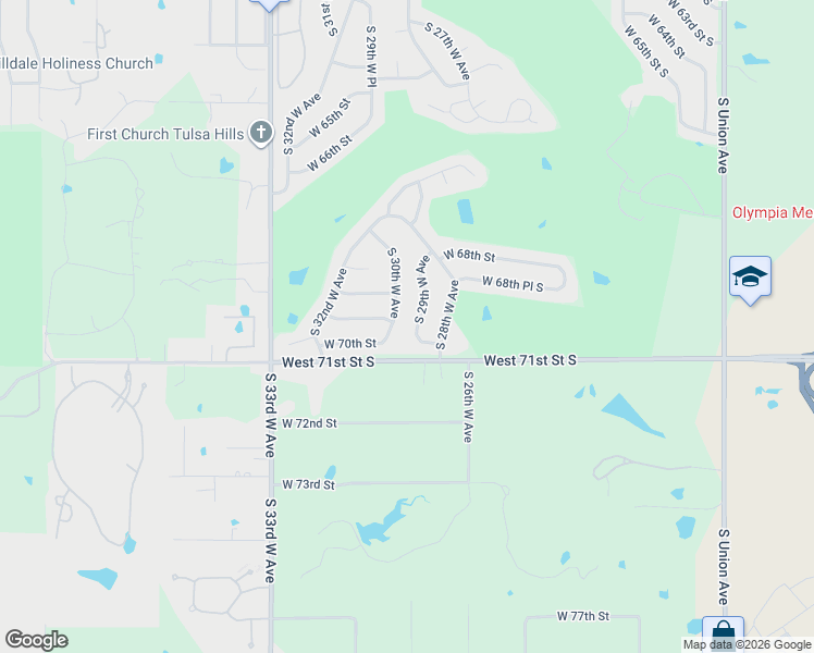 map of restaurants, bars, coffee shops, grocery stores, and more near 6942 South 29th West Avenue in Tulsa