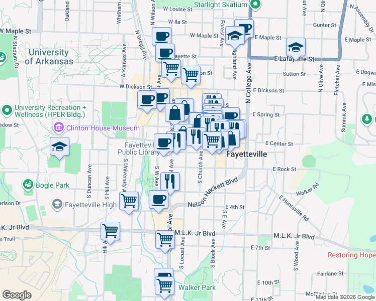 map of restaurants, bars, coffee shops, grocery stores, and more near 126 South Locust Avenue in Fayetteville
