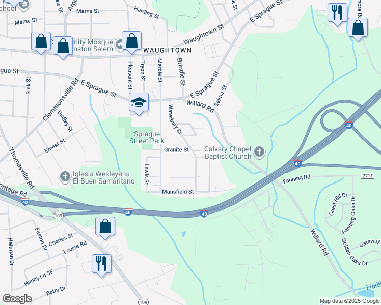 map of restaurants, bars, coffee shops, grocery stores, and more near 1644 Granite Street in Winston-Salem