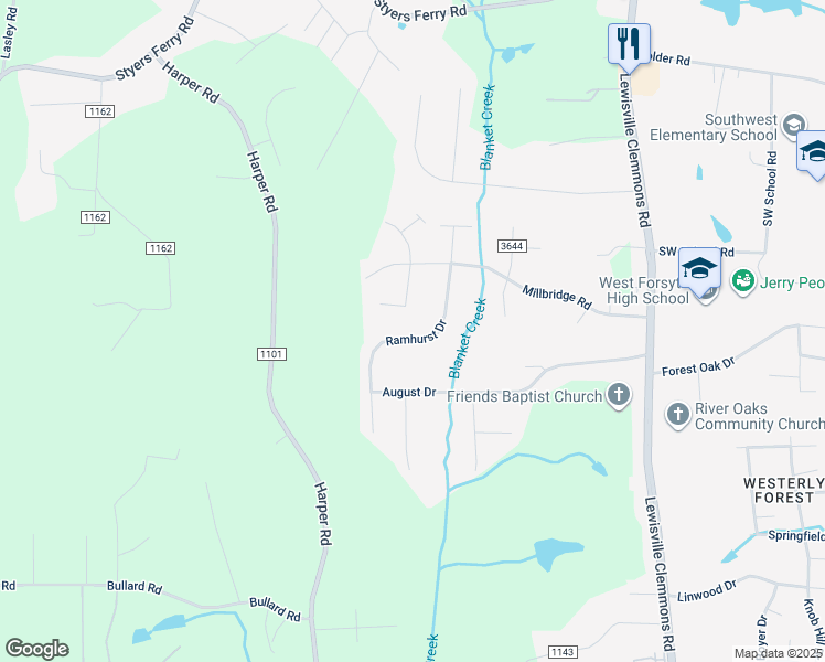 map of restaurants, bars, coffee shops, grocery stores, and more near 1770 Ramhurst Drive in Clemmons