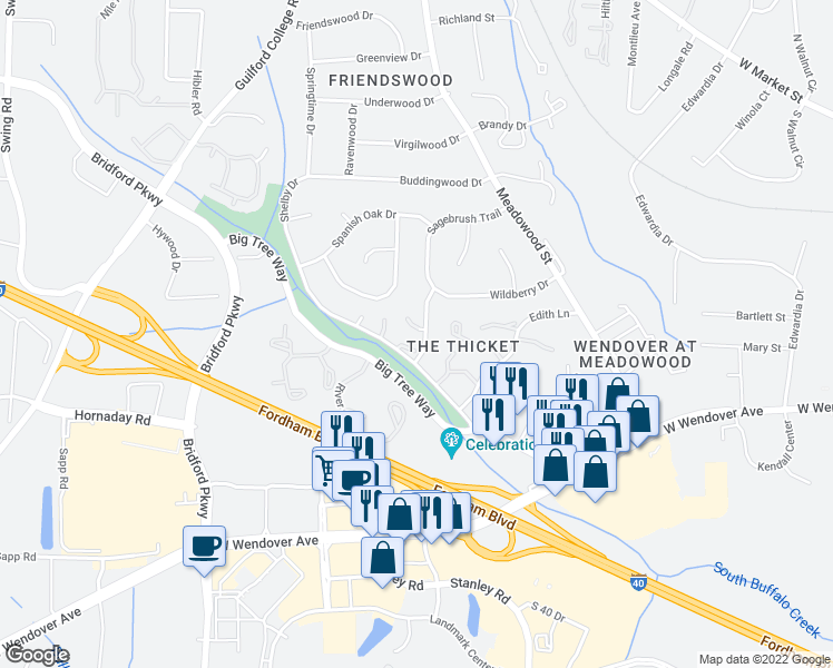 map of restaurants, bars, coffee shops, grocery stores, and more near 814 Ashebrook Drive in Greensboro