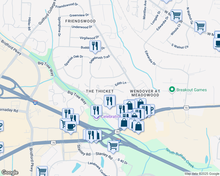 map of restaurants, bars, coffee shops, grocery stores, and more near 4230 Edith Lane in Greensboro