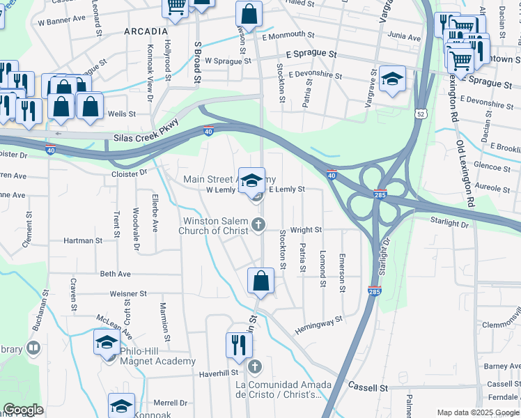 map of restaurants, bars, coffee shops, grocery stores, and more near 2700 South Main Street in Winston-Salem