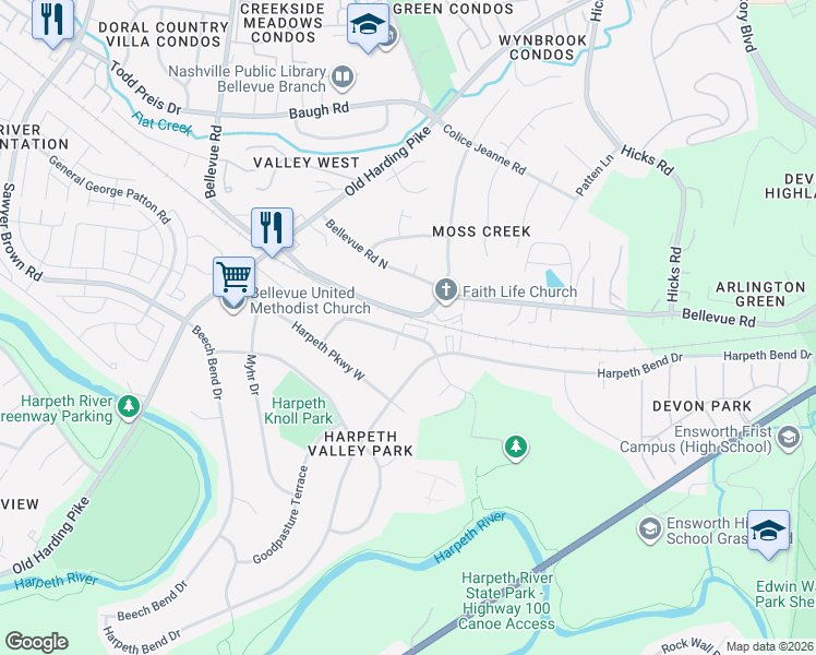 map of restaurants, bars, coffee shops, grocery stores, and more near 711 McPherson Drive in Nashville