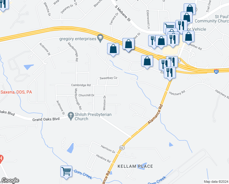 map of restaurants, bars, coffee shops, grocery stores, and more near 2317 Churchill Drive in Burlington