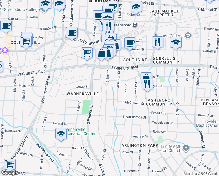 map of restaurants, bars, coffee shops, grocery stores, and more near 853 South Elm Street in Greensboro