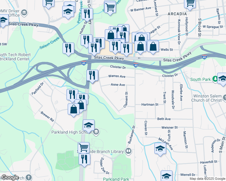 map of restaurants, bars, coffee shops, grocery stores, and more near 2712 Brightwood Court in Winston-Salem