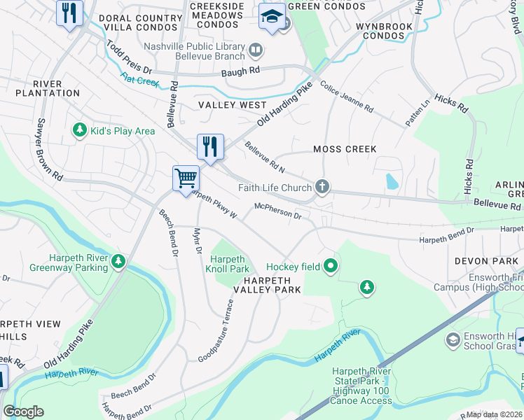 map of restaurants, bars, coffee shops, grocery stores, and more near 727 McPherson Drive in Nashville
