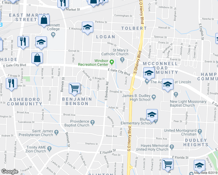 map of restaurants, bars, coffee shops, grocery stores, and more near 1013 South Benbow Road in Greensboro