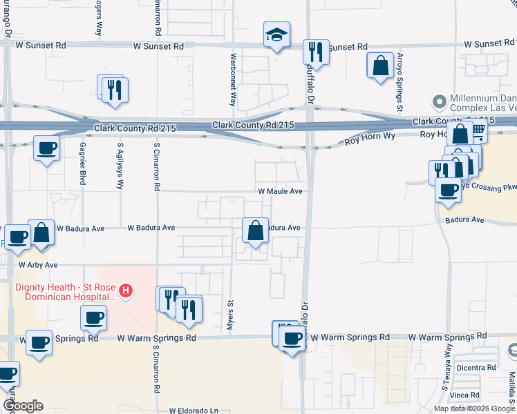 map of restaurants, bars, coffee shops, grocery stores, and more near 8000 West Badura Avenue in Las Vegas