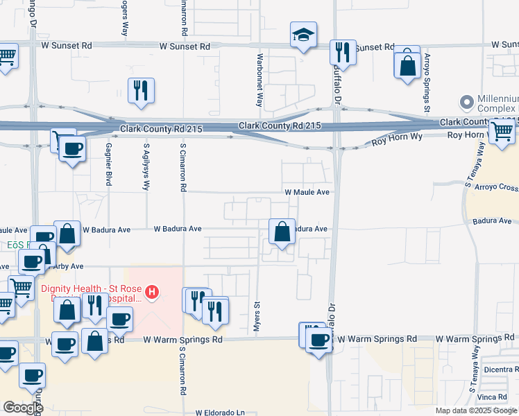 map of restaurants, bars, coffee shops, grocery stores, and more near 8000 West Badura Avenue in Las Vegas