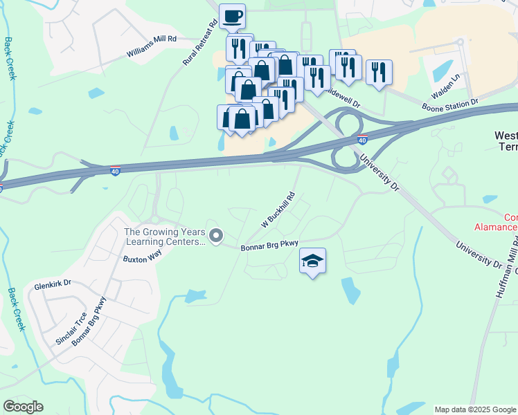 map of restaurants, bars, coffee shops, grocery stores, and more near 1003 Coldstream Drive in Burlington