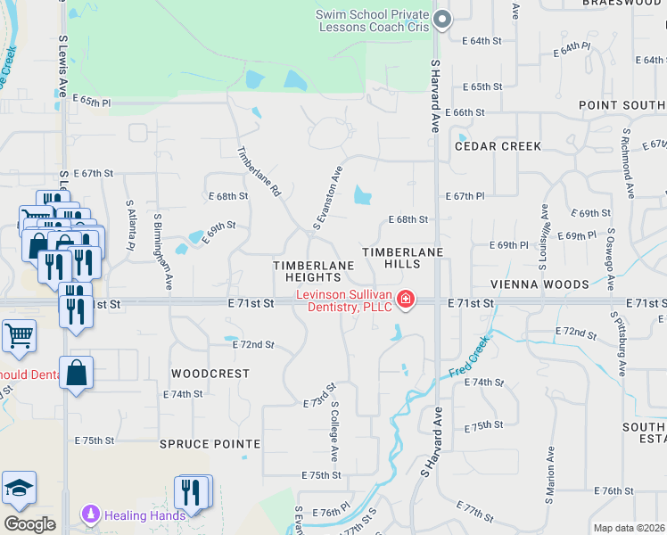 map of restaurants, bars, coffee shops, grocery stores, and more near 2978 East 69th Street in Tulsa