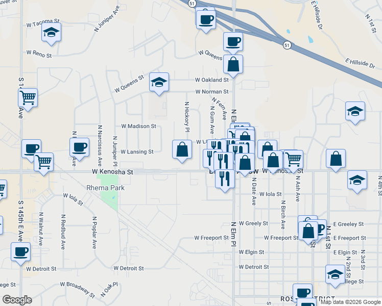 map of restaurants, bars, coffee shops, grocery stores, and more near 1008 North Hickory Avenue in Broken Arrow