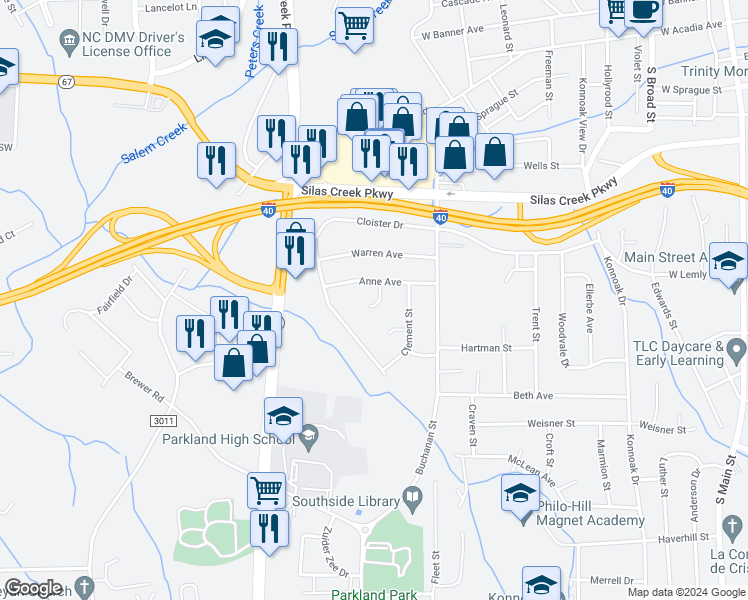 map of restaurants, bars, coffee shops, grocery stores, and more near 2708 Brightwood Court in Winston-Salem